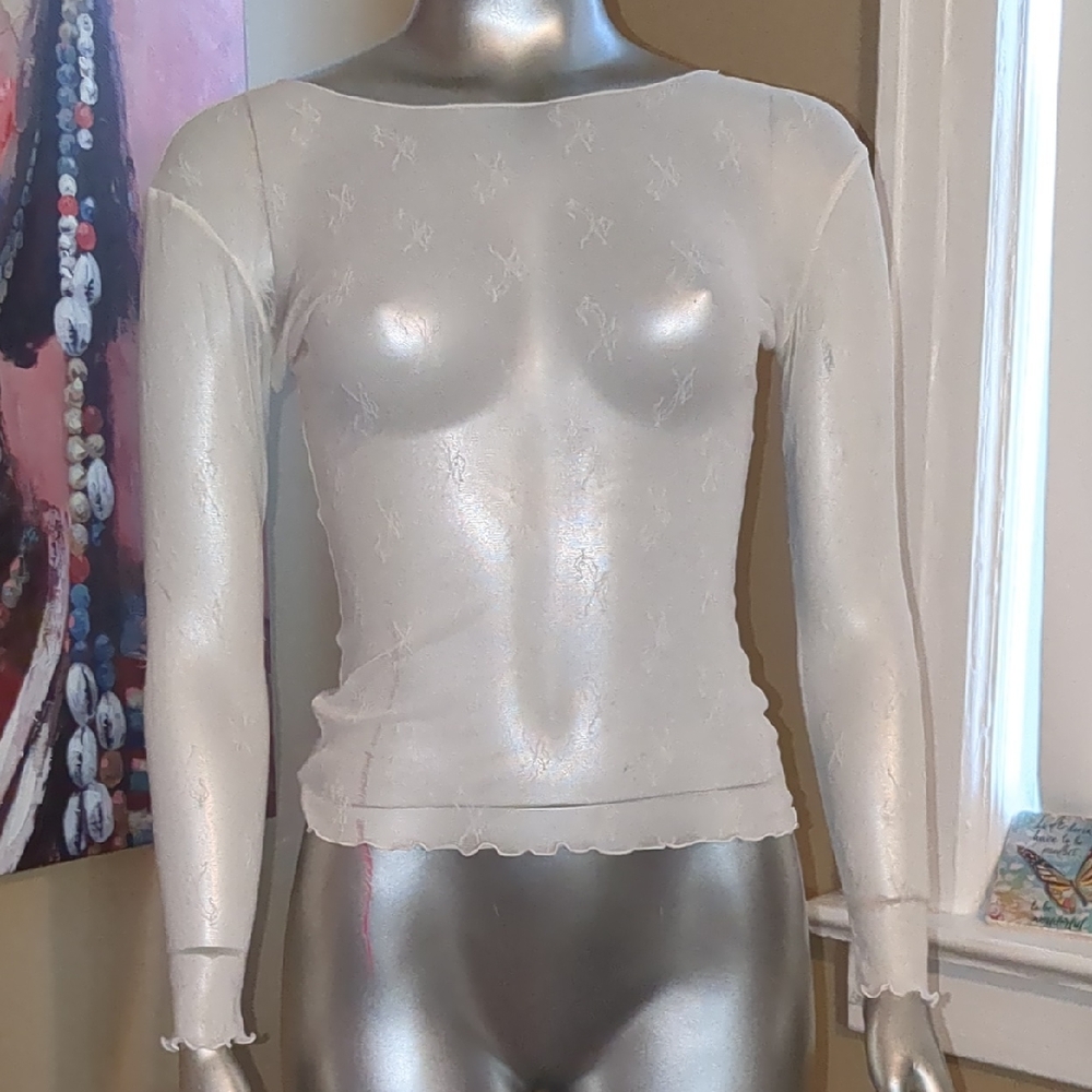 ‼️🎀3/$25 Kookla Elegant Sheer White Top Shirt Stretchy Small Extra Vintage